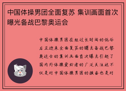 中国体操男团全面复苏 集训画面首次曝光备战巴黎奥运会 中国体操男团全面复苏 集训画面首次曝光备战巴黎奥运会